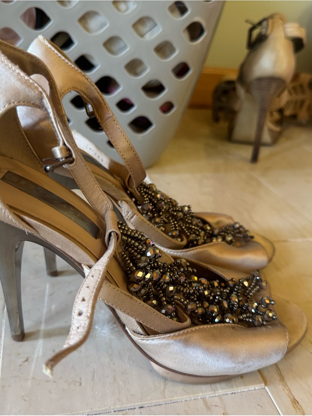 Beaded Satin Peep-Toe Heels in Champagne